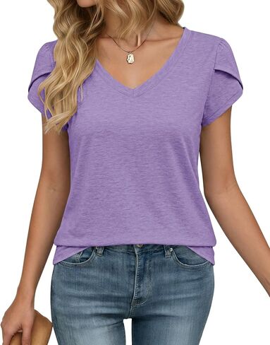 WNEEDU Womens 2024 T Shirts Petal Sleeve V Neck Casual Tees Summer Basic Tops in Saudi Arabia