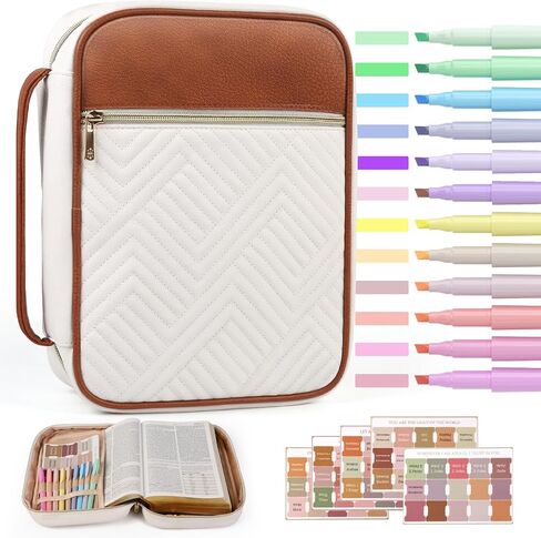 Quilted Vegan Leather Bible Cover, Color-Blocked Bible Cover Case for Women, Large Bible Carrying Case with Handle, Bible Study Supplies & Christian Gift for Women (White & Brown, M/L) in Saudi Arabia
