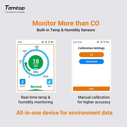 Temtop Portable Air Quality Monitor, Rechargeable Detector with Temperature & Humidity Display, 0-1000 PPM Range, TFT Color Screen, Custom Alert for Home, Travel, RV, Camping in Kuwait