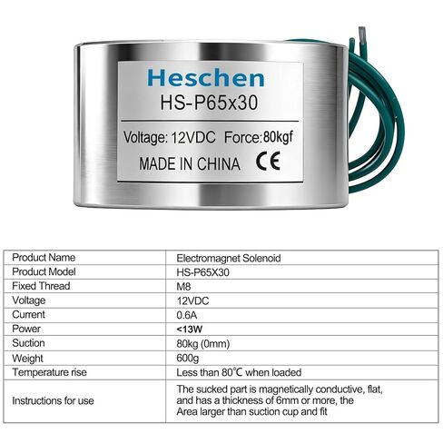 Heschen Electromagnet Magnet Solenoid, P65/30, OD 65mm, DC12V, 80Kg/176 lb in Kuwait