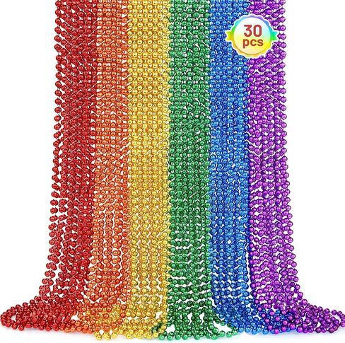 SHAOQINLIN 30 PCS White Bead Necklaces, 33" White Mardi Gras Christmas Beads Necklace, 4th of July Necklaces, Parade Throws Accessories for Christmas Independence Day New Year Party Favors in Kuwait