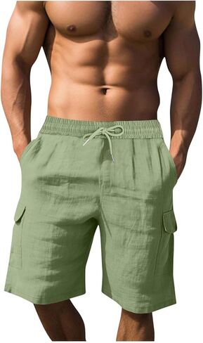 Cotton Linen Cargo Shorts for Men Summer Casual Loose Elastic Waist Lightweight Beach Vacation Shorts with Pockets in Kuwait
