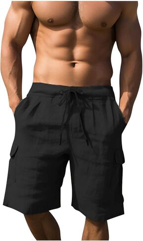 Cotton Linen Cargo Shorts for Men Summer Casual Loose Elastic Waist Lightweight Beach Vacation Shorts with Pockets in Kuwait