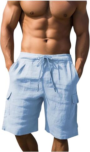 Cotton Linen Cargo Shorts for Men Summer Casual Loose Elastic Waist Lightweight Beach Vacation Shorts with Pockets in Kuwait