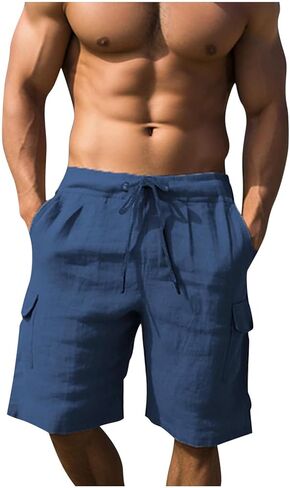 Cotton Linen Cargo Shorts for Men Summer Casual Loose Elastic Waist Lightweight Beach Vacation Shorts with Pockets in Kuwait