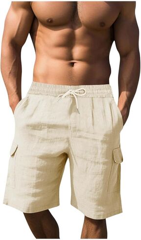 Cotton Linen Cargo Shorts for Men Summer Casual Loose Elastic Waist Lightweight Beach Vacation Shorts with Pockets in Kuwait