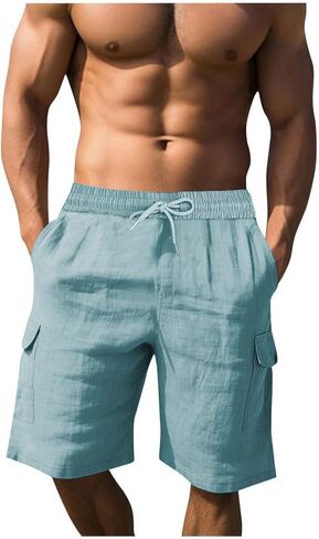 Cotton Linen Cargo Shorts for Men Summer Casual Loose Elastic Waist Lightweight Beach Vacation Shorts with Pockets in Kuwait