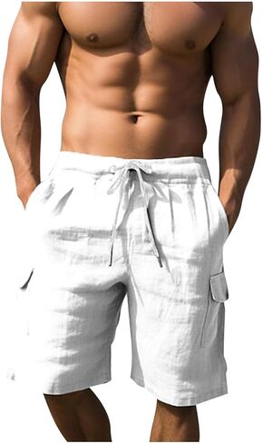Cotton Linen Cargo Shorts for Men Summer Casual Loose Elastic Waist Lightweight Beach Vacation Shorts with Pockets in Kuwait