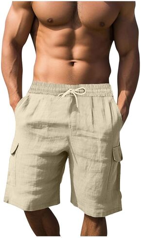 Cotton Linen Cargo Shorts for Men Summer Casual Loose Elastic Waist Lightweight Beach Vacation Shorts with Pockets in Kuwait