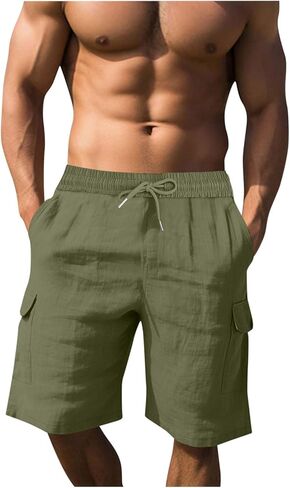 Cotton Linen Cargo Shorts for Men Summer Casual Loose Elastic Waist Lightweight Beach Vacation Shorts with Pockets in Kuwait