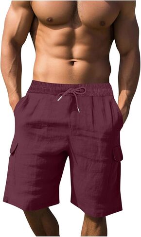 Cotton Linen Cargo Shorts for Men Summer Casual Loose Elastic Waist Lightweight Beach Vacation Shorts with Pockets in Kuwait