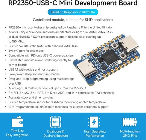 لوحة تطوير وحدة التحكم الدقيقة Waveshare RP2350-USB-C بناءً على RPi RP2350A | وحدة ثنائية النواة وبنية مزدوجة، وحدة كاستلاتية، مناسبة لتطبيقات SMD، بناءً على Raspberry Pi RP2350A in Kuwait