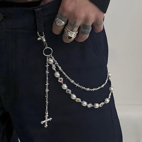 Layered Pants Wallet Chains for Men Fashion Jean Pocket Chain Exquisite Rhinestone Flower Pearl Purse Bag Charm in Saudi Arabia