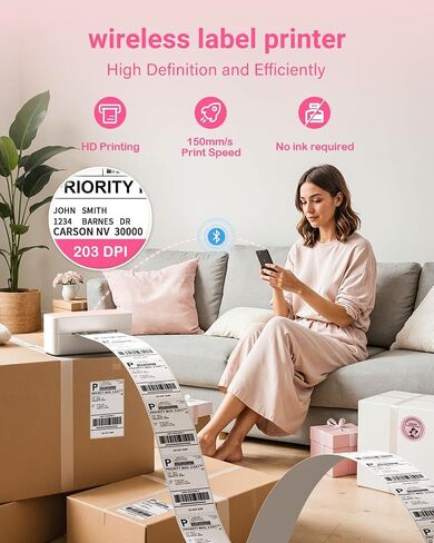 طابعات التسمية الحرارية لـ Asprink Bluetooth - 241BT طابعات تسمية الشحن اللاسلكية للأعمال التجارية والحزم الصغيرة ، صانع ملصقات شحن الطابعة الحرارية الوردي ، متوافق مع iPhone و USPs و Amazon in Kuwait