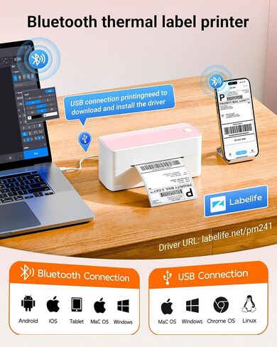 طابعات التسمية الحرارية لـ Asprink Bluetooth - 241BT طابعات تسمية الشحن اللاسلكية للأعمال التجارية والحزم الصغيرة ، صانع ملصقات شحن الطابعة الحرارية الوردي ، متوافق مع iPhone و USPs و Amazon in Kuwait