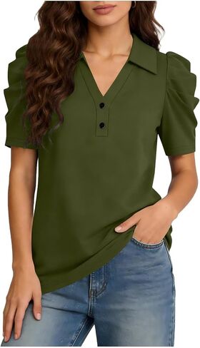 Blouses for Women Dressy Casual Summer Tops Button V Neck Short Sleeve Shirts Business Casual T Shirts Work Clothes in Kuwait