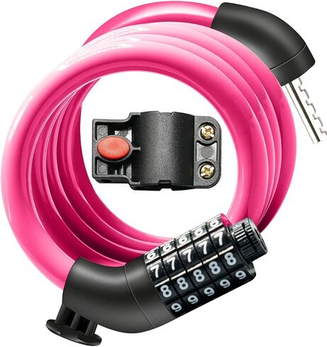 كابل قفل دراجة Everyfun مع مجموعة، أمان عالي مكون من 5 أرقام قابلة لإعادة الضبط قفل دراجة مضاد للسرقة، قفل سكوتر مع دعامة تثبيت للدراجات والدراجات البخارية (وردي) in Kuwait
