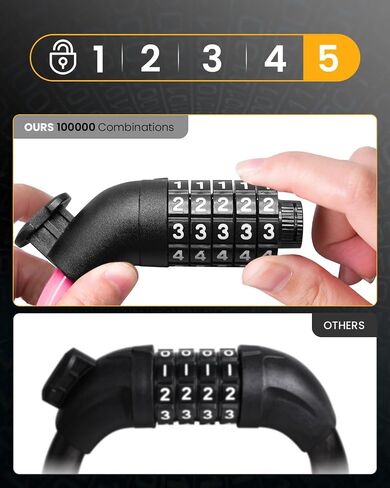 كابل قفل دراجة Everyfun مع مجموعة، أمان عالي مكون من 5 أرقام قابلة لإعادة الضبط قفل دراجة مضاد للسرقة، قفل سكوتر مع دعامة تثبيت للدراجات والدراجات البخارية (وردي) in Kuwait