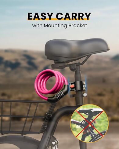 كابل قفل دراجة Everyfun مع مجموعة، أمان عالي مكون من 5 أرقام قابلة لإعادة الضبط قفل دراجة مضاد للسرقة، قفل سكوتر مع دعامة تثبيت للدراجات والدراجات البخارية (وردي) in Kuwait