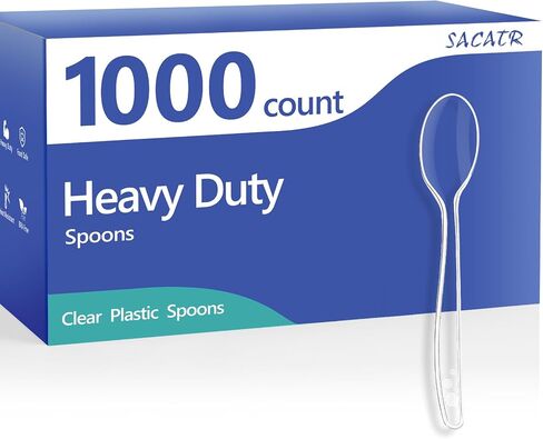 عدد 1000 ملاعق بلاستيكية شفافة من SACATR - ملاعق فضية بلاستيكية شديدة التحمل، ملاعق ممتازة للاستعمال مرة واحدة، خالية من مادة BPA، مقاومة للحرارة، مناسبة للحفلات والمناسبات والاستخدام اليومي in Kuwait