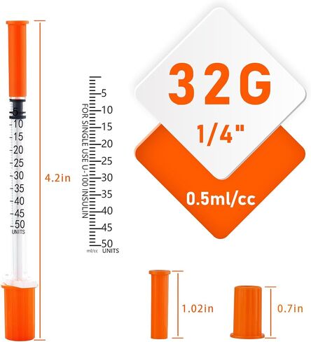 محاقن 0.5 مل، 32 جرام 0.5 سم مكعب 1/4 بوصة (6 مم) حقنة للاستعمال مرة واحدة في المختبر، مغلفة بشكل فردي، عبوة من 100 قطعة in Kuwait