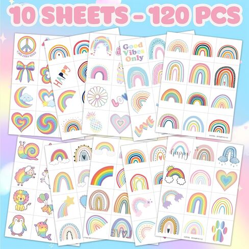 96 PCS الباستيل قوس قزح ما قبل القطع الوشم المؤقتة ملصق بوهو قوس قزح قوس قزح الزخارف الحفلات الحفلات اللوازم ديكور الهدايا الأولاد الفتيات دش الطفل لطيف ومدرسة الوشم المزيفة in Kuwait