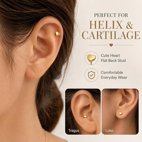 20G Women Flat Back Heart Earrings Titanium Hypoallergenic Cartilage Earrings Stud 6mm in Saudi Arabia