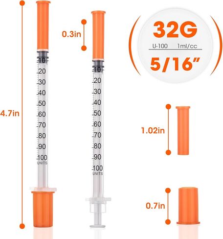 حقنة 1 مل/سم مكعب 32G 5/16 بوصة (8 مم)، محاقن مختبر علمي U-100، يمكن التخلص منها بشكل فردي، 100 عبوة in Kuwait