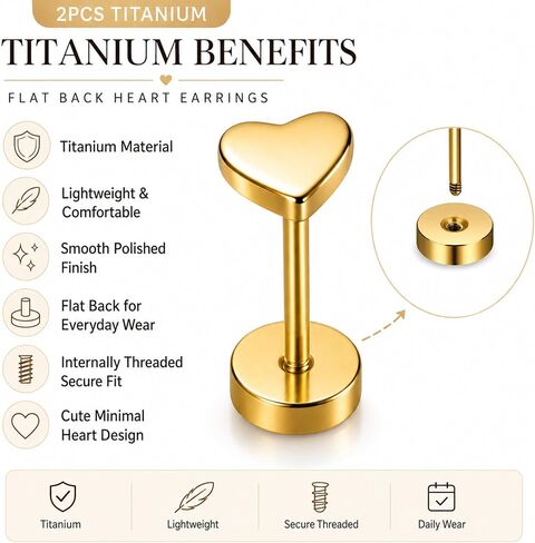 20G Women Flat Back Heart Earrings Titanium Hypoallergenic Cartilage Earrings Stud 6mm in Saudi Arabia