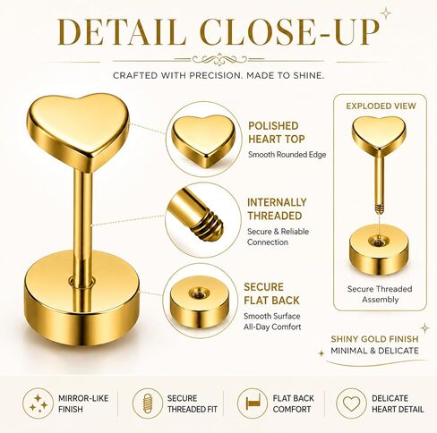 20G Women Flat Back Heart Earrings Titanium Hypoallergenic Cartilage Earrings Stud 6mm in Saudi Arabia