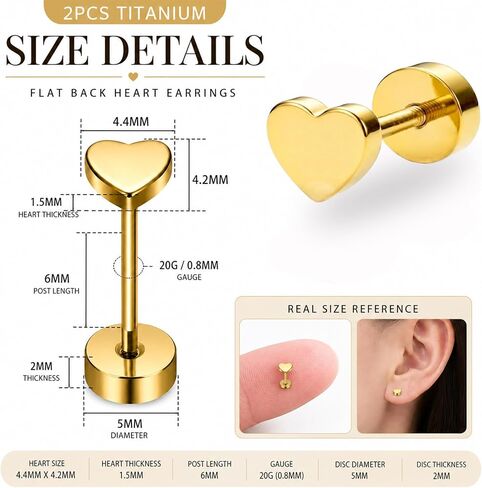 20G Women Flat Back Heart Earrings Titanium Hypoallergenic Cartilage Earrings Stud 6mm in Saudi Arabia