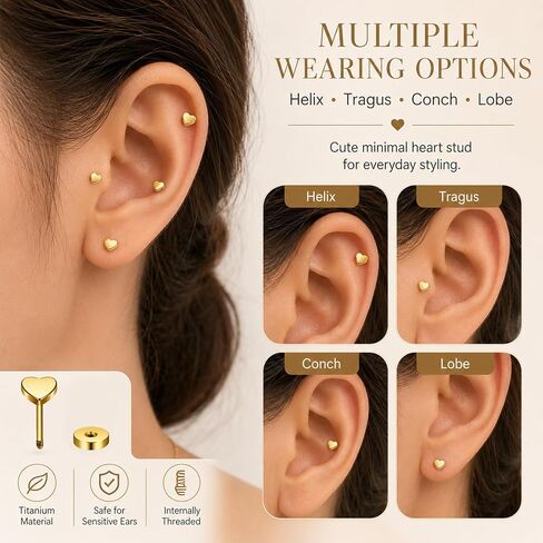 20G Women Flat Back Heart Earrings Titanium Hypoallergenic Cartilage Earrings Stud 6mm in Saudi Arabia