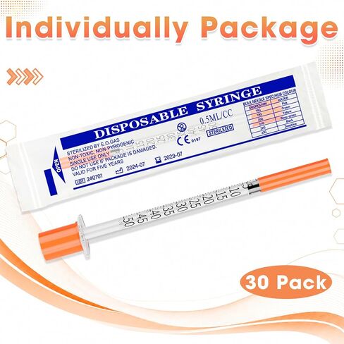 0.5cc Syringe 31G 5/16" 8mm, 0.5ml Lab Syringes, Individually Wrapped, Pack of 30 in Kuwait