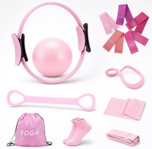 Pilates Ring Set for Women, Home Workout Pilates Equipment with Resistance Bands, 14'' Magic Circle, Mini Ball, Pilates Starter Kit for Strength in Kuwait