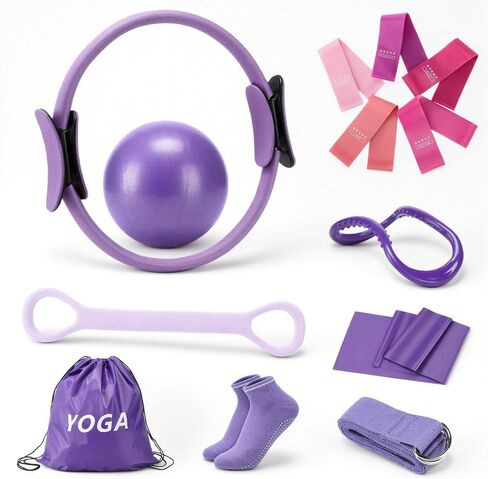 Pilates Ring Set for Women, Home Workout Pilates Equipment with Resistance Bands, 14'' Magic Circle, Mini Ball, Pilates Starter Kit for Strength in Kuwait