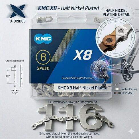 سلسلة دراجات KMC X8 8 سرعات نصف مطلية بالنيكل من سلسلة X متوافقة مع Shimano وSRAM وCampagnolo وجميع الأنظمة الرئيسية in Kuwait
