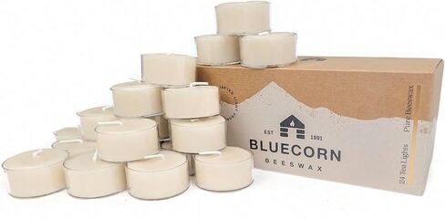 Bluecorn Beeswax Tea Light Candles, 100% Pure Natural Bees Wax, Yellow Tea Lights, Fragrance Free, Paraffin & Soy Free Candle Wax, Clean Burning, Long Lasting, American Made, Christmas Decor, 24 Pack in Saudi Arabia