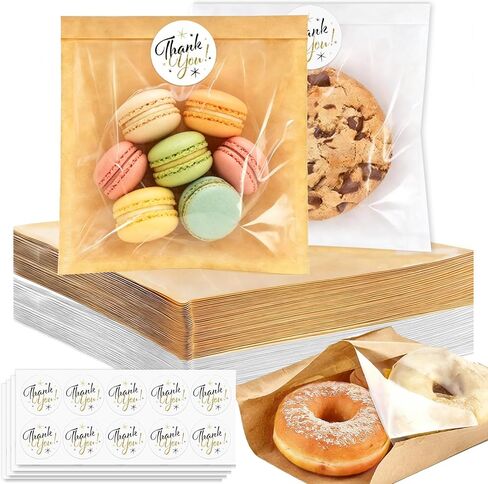 100 Pcs Cookie Packaging Bags with Seal and Window 7.1 x 7.5 Inch White Kraft Paper Bakery Bags with Window Thank You Stickers for Donut Bread Sandwich Cake Cookie Candy in Kuwait
