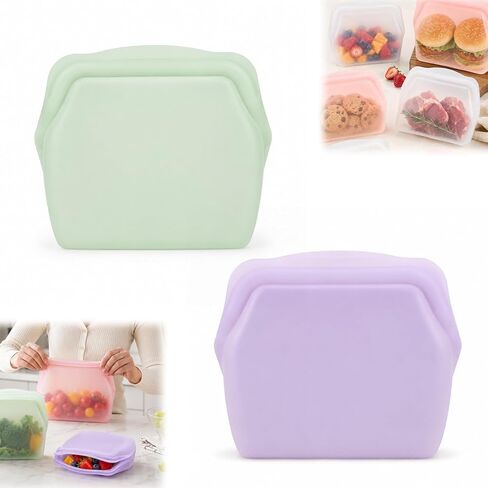 Reusable Silicone Food Storage Bags, Silicone Storage, Leak-Proof Upright Freezer Bags, Odor-Proof, High-Temperature Resistant for Food Prep & Kitchen Organization (Light Green + Purple) in Saudi Arabia