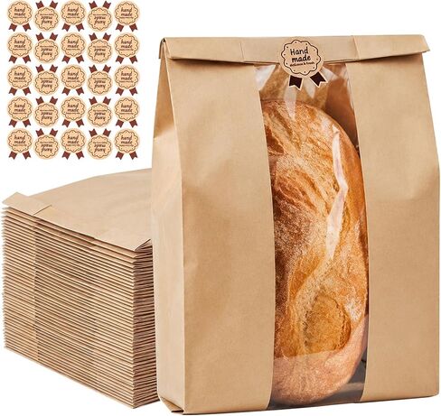 100PCS Large Kraft Paper Bread Bags for Homemade Bread, Bakery Bags with Clear Window and 100PCS Label Seal Stickers, 13.7x8.2x3.5 Inches Sourdough Toast Cookie Bags for Packaging, Storage, Gifting in Kuwait