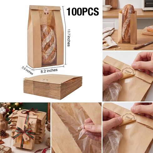 100PCS Large Kraft Paper Bread Bags for Homemade Bread, Bakery Bags with Clear Window and 100PCS Label Seal Stickers, 13.7x8.2x3.5 Inches Sourdough Toast Cookie Bags for Packaging, Storage, Gifting in Kuwait