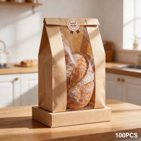 100PCS Large Kraft Paper Bread Bags for Homemade Bread, Bakery Bags with Clear Window and 100PCS Label Seal Stickers, 13.7x8.2x3.5 Inches Sourdough Toast Cookie Bags for Packaging, Storage, Gifting in Kuwait