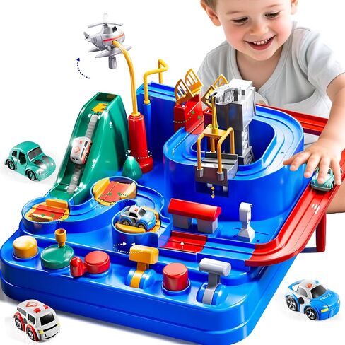 Car Race Track for Kids Ages 4-8, Kids Car Toys for 3 Year Old Boys, Race Track for Toddlers 1-3, City Set with 3 Small Cars and Helicopter, Educational Birthday Gifts in Kuwait