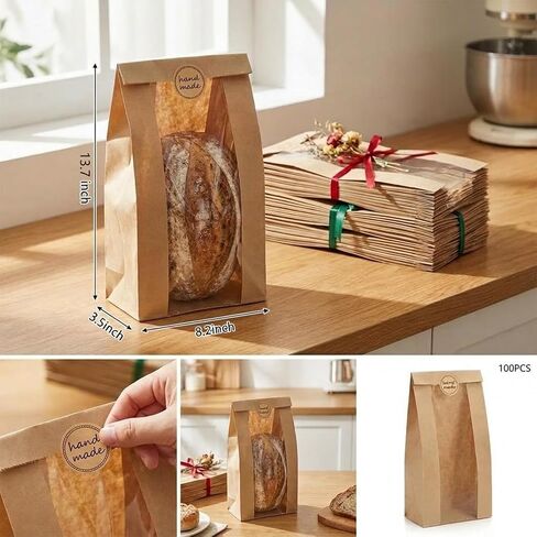 100PCS Large Kraft Paper Bread Bags for Homemade Bread, Bakery Bags with Clear Window and 100PCS Label Seal Stickers, 13.7x8.2x3.5 Inches Sourdough Toast Cookie Bags for Packaging, Storage, Gifting in Kuwait