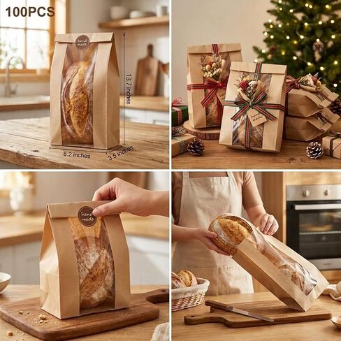 100PCS Large Kraft Paper Bread Bags for Homemade Bread, Bakery Bags with Clear Window and 100PCS Label Seal Stickers, 13.7x8.2x3.5 Inches Sourdough Toast Cookie Bags for Packaging, Storage, Gifting in Kuwait