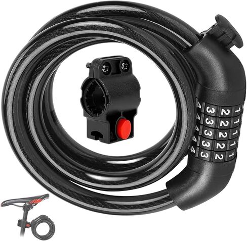 Anti-Theft Bike Lock with Heavy Duty 5-Digit Combination - 3.9ft Coiled Security Cable Resettable for Bicycles, Electric Bikes, Motorcycles & Electric Scooters in Kuwait