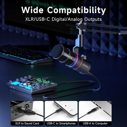 ميكروفون الألعاب الديناميكي COMICA EJoy D10(A) USB/XLR للكمبيوتر الشخصي، ميكروفون بذراع ذراع مع إلغاء الضوضاء، مراقبة في الوقت الحقيقي، كتم الصوت، ميكروفون استوديو RGB احترافي للألعاب، البث، البودكاست، التسجيل in Kuwait