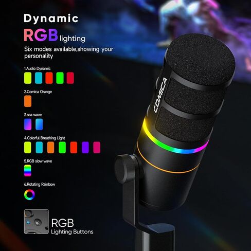 ميكروفون الألعاب الديناميكي COMICA EJoy D10(A) USB/XLR للكمبيوتر الشخصي، ميكروفون بذراع ذراع مع إلغاء الضوضاء، مراقبة في الوقت الحقيقي، كتم الصوت، ميكروفون استوديو RGB احترافي للألعاب، البث، البودكاست، التسجيل in Kuwait