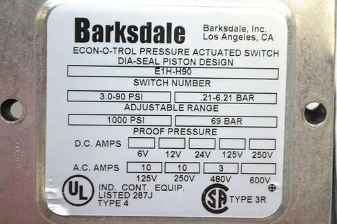 BARKSDALE E1H-H90 1/4" NPT Internal, 10A @ 125/250 VAC, 3A @ 480 VAC, 90 PSI MAX Adjustable, Anodized Aluminum, Buna-N, ECON-O-TROL, Pressure Switch in Kuwait