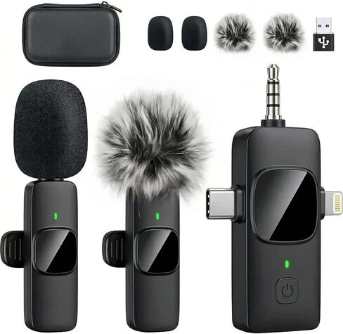 4in1 Wireless Lavalier Microphone for iPhone, iPad, Android, Camera，computers;mini Noise Reduction Recording Mic 2.4G Ultra-Low Delay,with storage box for ​​Live Stream Content Creators Podcast in Kuwait